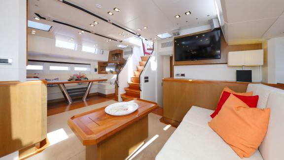 On the sailing yacht Bellkara Conrad Shipyard YCC91 the large lounge offers relaxing comfort to guests.