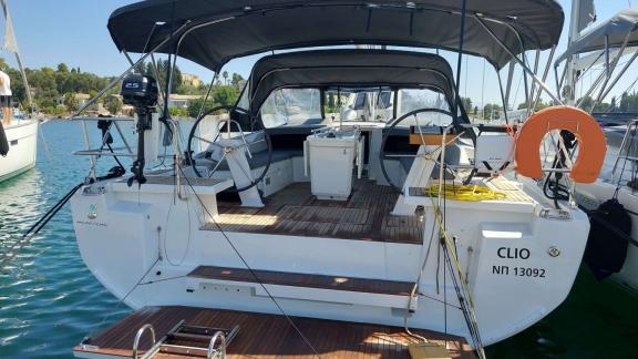 The spacious aft deck of yacht Clio, perfect for a crewless charter in Greece.