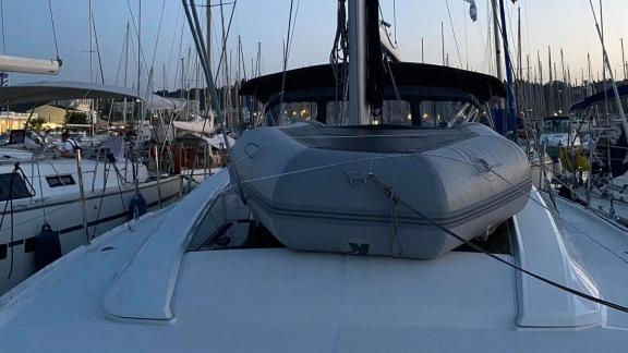 The foredeck of yacht Clio, ideal for a crewless charter, anchored in Greece.