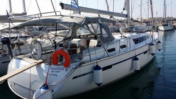 The bareboat sailing yacht Diagoras docked at a marina in Greece, ideal for a sailing holiday and yacht charter.