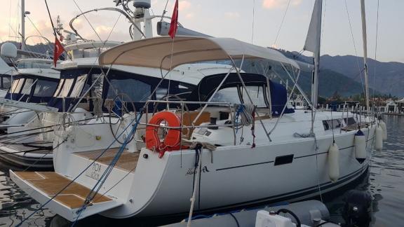 Fox sailing yacht anchored in the harbor, ready for sailing.