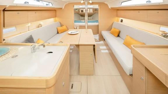 The bright salon of the Gracia yacht features comfortable seating areas and modern interior decor.