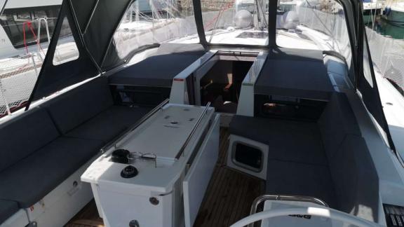 The spacious cockpit area of sailing yacht Okeanos in Athens is perfect for a comfortable sailing holiday and sea voyage