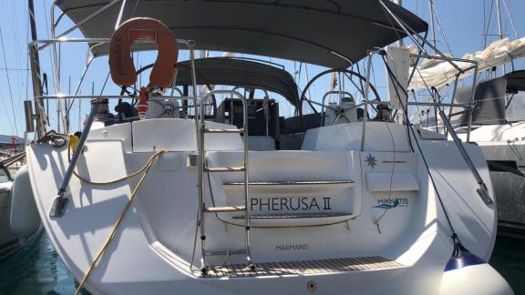 The aft deck of the sailing yacht Pherusa II offers a comfortable seating area.