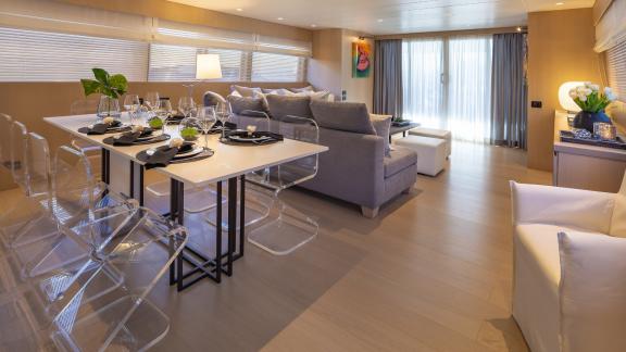 Stylish meals in the luxurious dining area of the motor yacht Summer Fun in Athens.