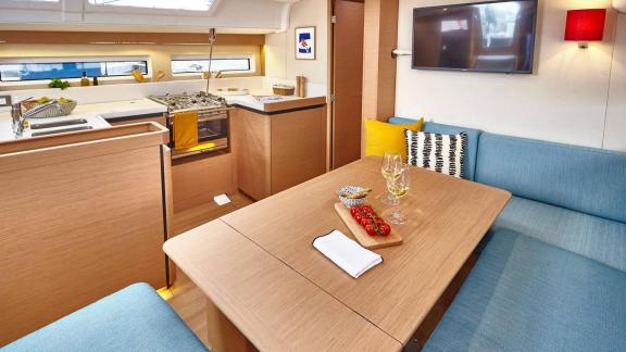 Stylish and cozy dining area inside the sailing yacht Te Amo in Marmaris, ideal for a sea holiday.