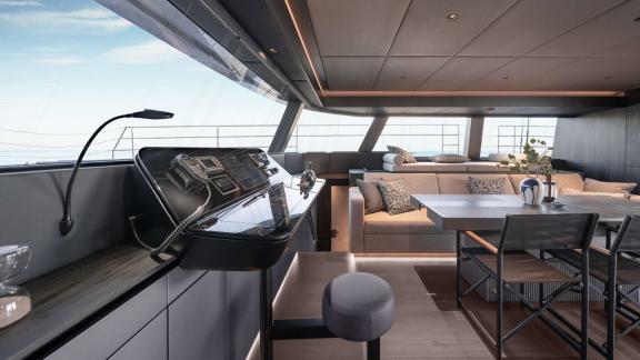 The sleek and ergonomic helm station of the Adara Next catamaran, departing from Athens.