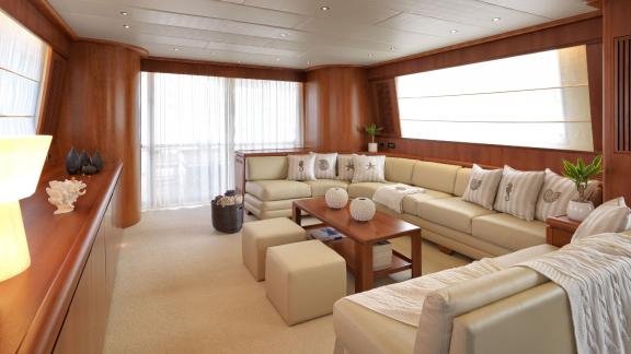 Luxurious salon area of the 30-meter Motor Yacht Martina, perfect for relaxation in Greece.