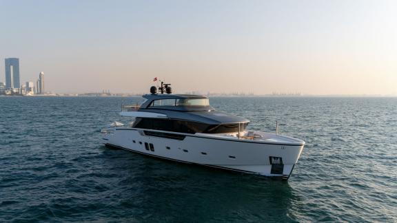 The San Lorenzo Sx88 is perfect for hourly and daily luxury yacht rentals with Dubai's skyline in the background.