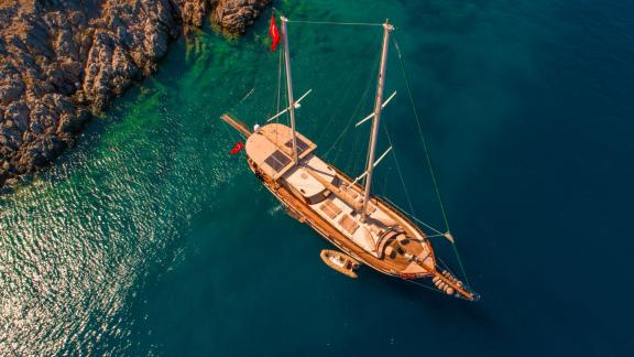 Stunning aerial view of the 24-meter Gulet Sani Kaptan 2 with 4 cabins off the coast of Bodrum, Turkey.