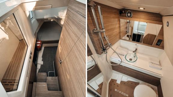 The cabin of motor yacht Bali offers a luxurious ambiance with wooden details and a modern shower area.