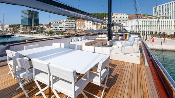 Among Split luxury yacht options the 6 cabin 12 guest Scorpios motorsailer features a spacious flybridge lounge area.