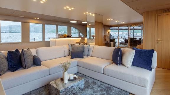 Among Split luxury yacht options the 6 cabin 12 guest Scorpios motorsailer features a spacious lounge area with sofa sea
