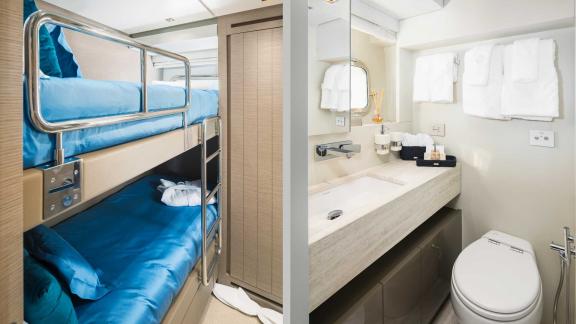 Cozy bunk bed cabin and modern bathroom of motor yacht Secundus, Split, Croatia.