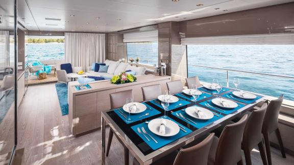 Elegant lounge area of motor yacht Secundus with sea view, Split, Croatia.