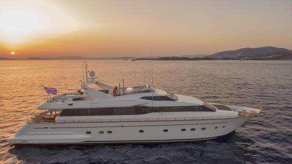 Beautiful sunset on the 30-meter Motor Yacht Martina in Greece to experience.