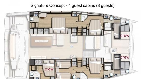 Detailed layout view of the Bali Catamaran Signature Concept featuring 4 guest cabins and crew areas.