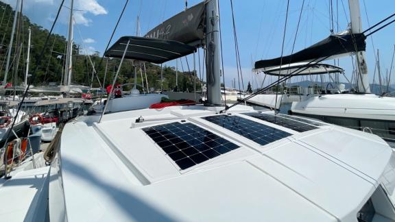 Eco-friendly solar panels on the roof of Bali 4.2 Catamaran Bella II in sunny Marmaris.