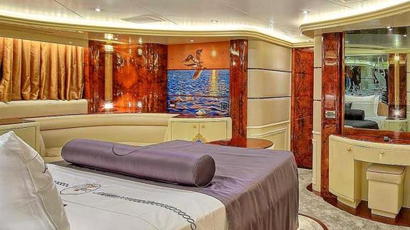 The luxury yacht offers comfortable accommodation with its special bedroom design and large bed.