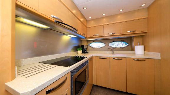 The modern kitchen of motor yacht Spice of Life II, fully equipped and functional.