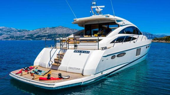 The motor yacht Spice of Life II is anchored with water sports equipment in Croatia.
