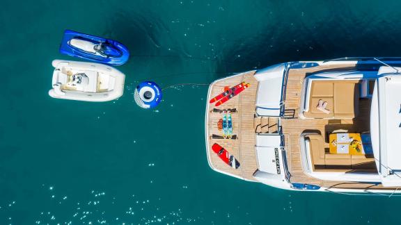 Water sports equipment and entertainment on the aft deck of motor yacht Spice of Life II.