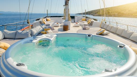 Роскошное джакузи на палубе Lady Gita с зонами для сидения и подушками на фоне живописного побережья.