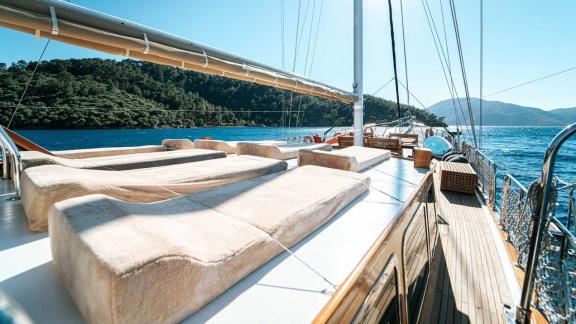 Enjoy relaxing hours on the comfortable loungers of Gulet Nefess in Göcek.