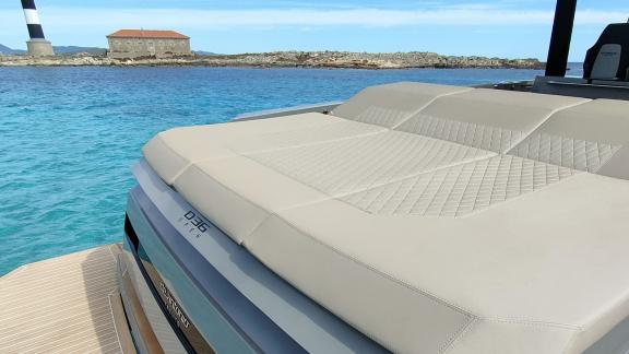 The spacious sunbathing area on the aft deck of motor yacht Alegria offers comfort with a sea view.