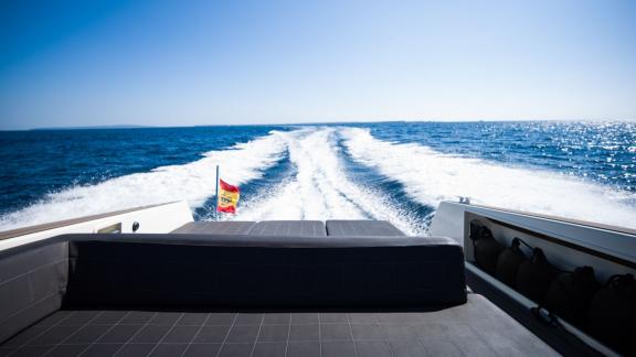 View from the aft deck of the Smart Ass motor yacht towards the open sea.