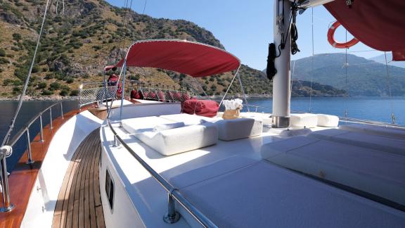 Sun loungers on the deck of Pronto Blue with breathtaking views.