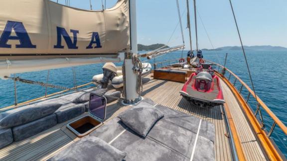 Upper deck of the gulet Sema Tuana with comfortable sunbathing areas and water toys, 6 cabins.