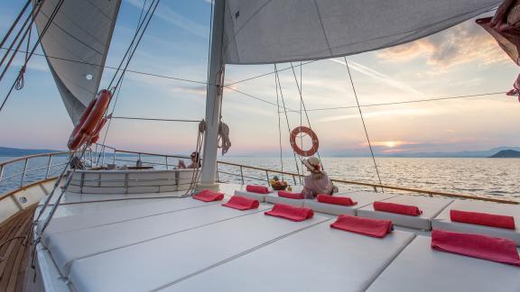 Sunset on the Gulet Altair, yacht in Split, Croatia, 6 cabins, luxury sailing holiday at sea.