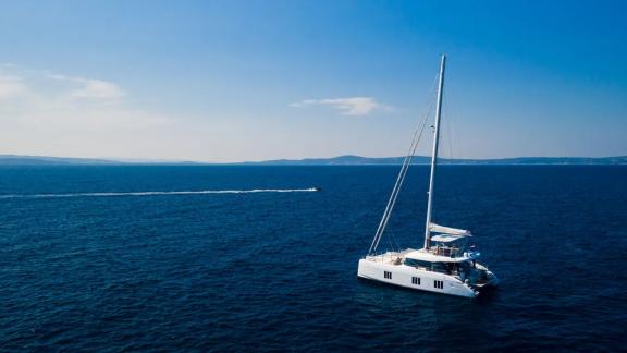 The Sunreef 50 catamaran Solitaire cruising off the coast of Kastela.