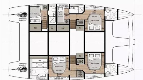 На схеме яхты из Кастелы видно 1 мастер-каюта, 3 гостевых каюты и каюта экипажа.