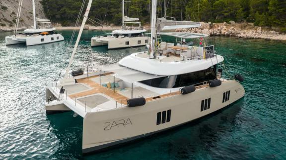 In Kastela Zara catamaran features a wide aft deck with sun pads and direct sea access.