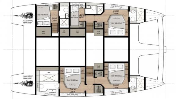 In Kastela Zara offers an owner suite four guest cabins and a dedicated crew area.