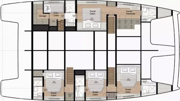 Detaillierte Kabinenaufteilung der Dessus mit Gäste- und Crewbereichen.