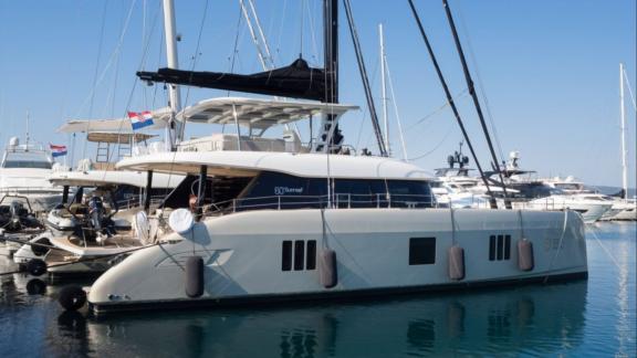 Sunreef 60 Sea Dreams catamaran moored in the port of Split, Croatia, for luxury sailing holidays.
