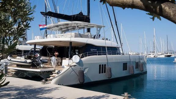 Stern view of the Sunreef 60 Sea Dreams catamaran moored in the port of Split, Croatia.