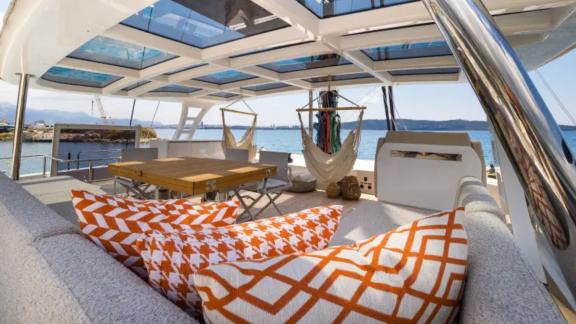 Flybridge lounge area of the Sunreef 60 Sea Dreams catamaran off the coast of Split, Croatia.