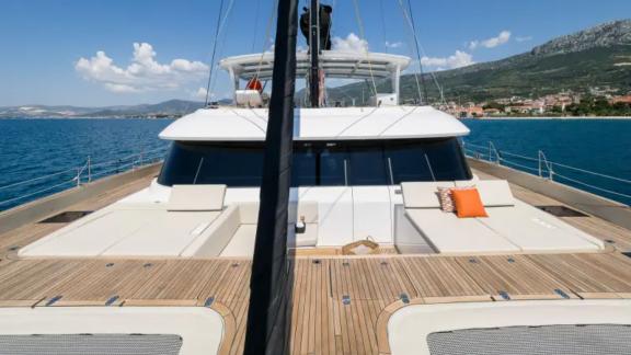 Spacious foredeck of the Sunreef 60 Sea Dreams catamaran off the coast of Split, Croatia.