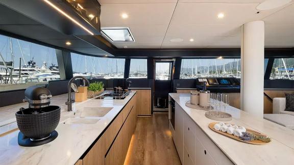 Galley of the Sunreef 60 Sea Dreams catamaran in Split Marina, Croatia, designed for extended cruising holidays.