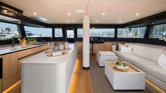 Saloon of the Sunreef 60 Sea Dreams catamaran in Split Marina, Croatia, offering spacious living areas.