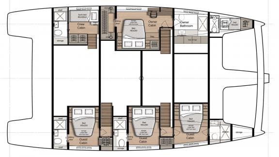 Layout plan showing the cabins and bathrooms of the Sunreef 60 Sea Dreams catamaran available in Split, Croatia.