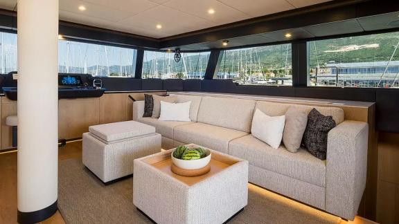Saloon of the Sunreef 60 Sea Dreams catamaran in Split Marina, Croatia, offering comfort for life at sea.