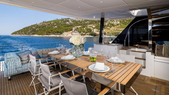 Enjoy dining with a sea view on the elegant aft deck of Sunreef 60 Vulpino in Kastela.
