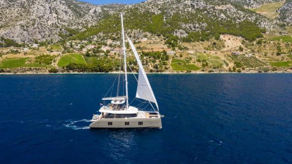 Sunreef 60 catamaran Vulpino is seen sailing off the coast near Kastela.