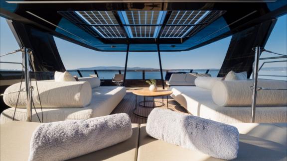 The flybridge of Amber One offers a stylish shaded retreat overlooking Kastela waters.