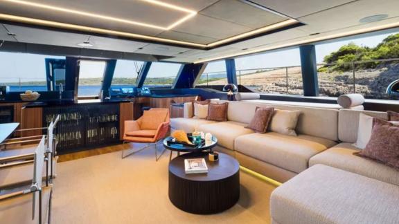 Amber One interior offers sea views and modern comfort while anchored in Kastela.